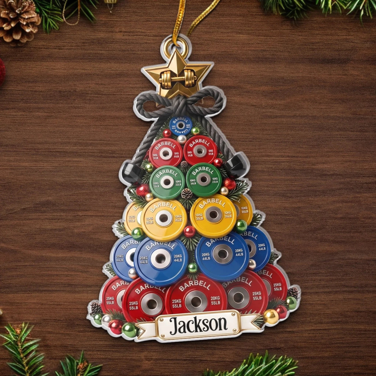 Close-up of Barbell Ornament Weight Plate Christmas Tree, Custom Name Personalized Fitness Gift for Weightlifter for streetwear fans in Austin, Texas