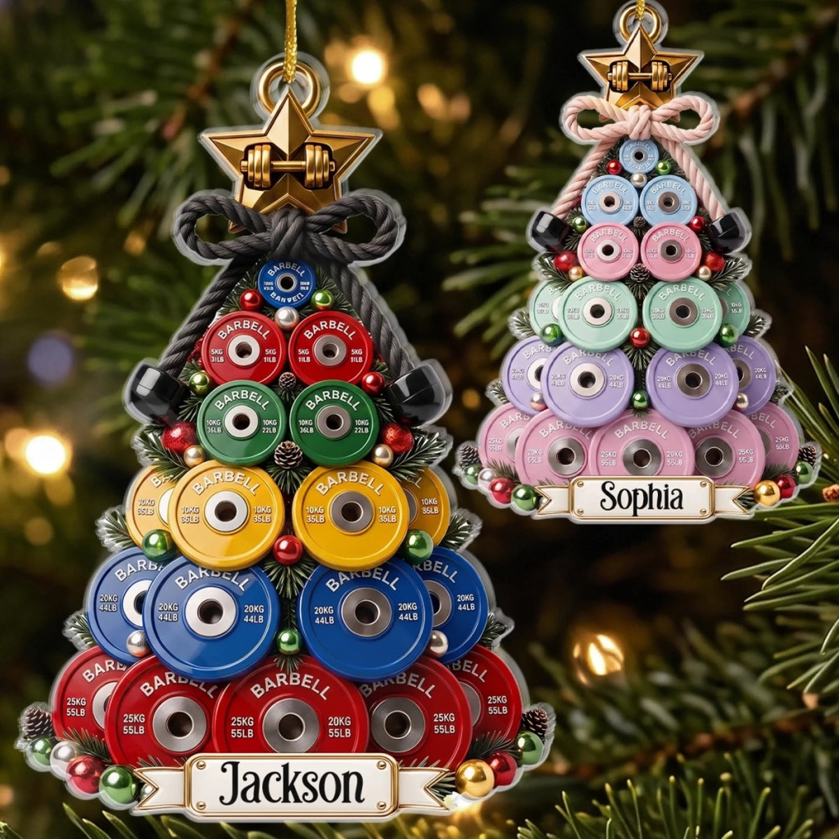 Barbell Ornament Weight Plate Christmas Tree, Custom Name Personalized Fitness Gift for Weightlifter available at our Austin, Texas warehouse