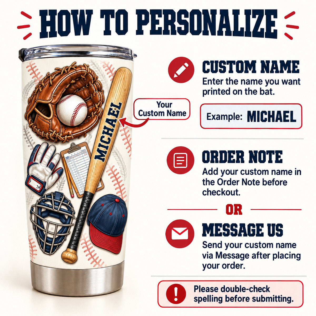 Instruction graphic showing how to add custom name to baseball equipment tumbler