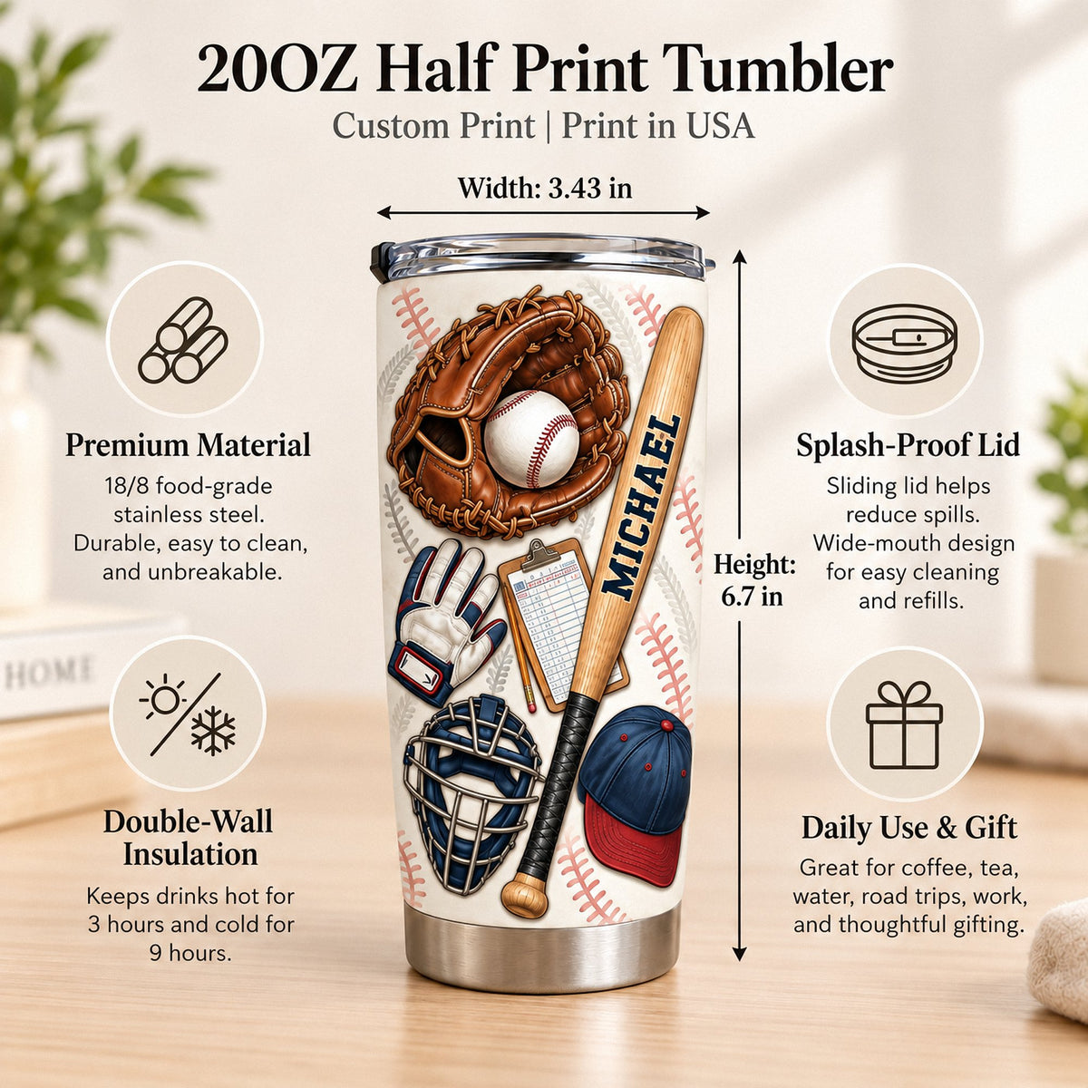 Features chart for 20oz custom name baseball cup with dimensions and material