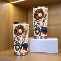 Two custom baseball cups standing on wooden shelf against neutral background
