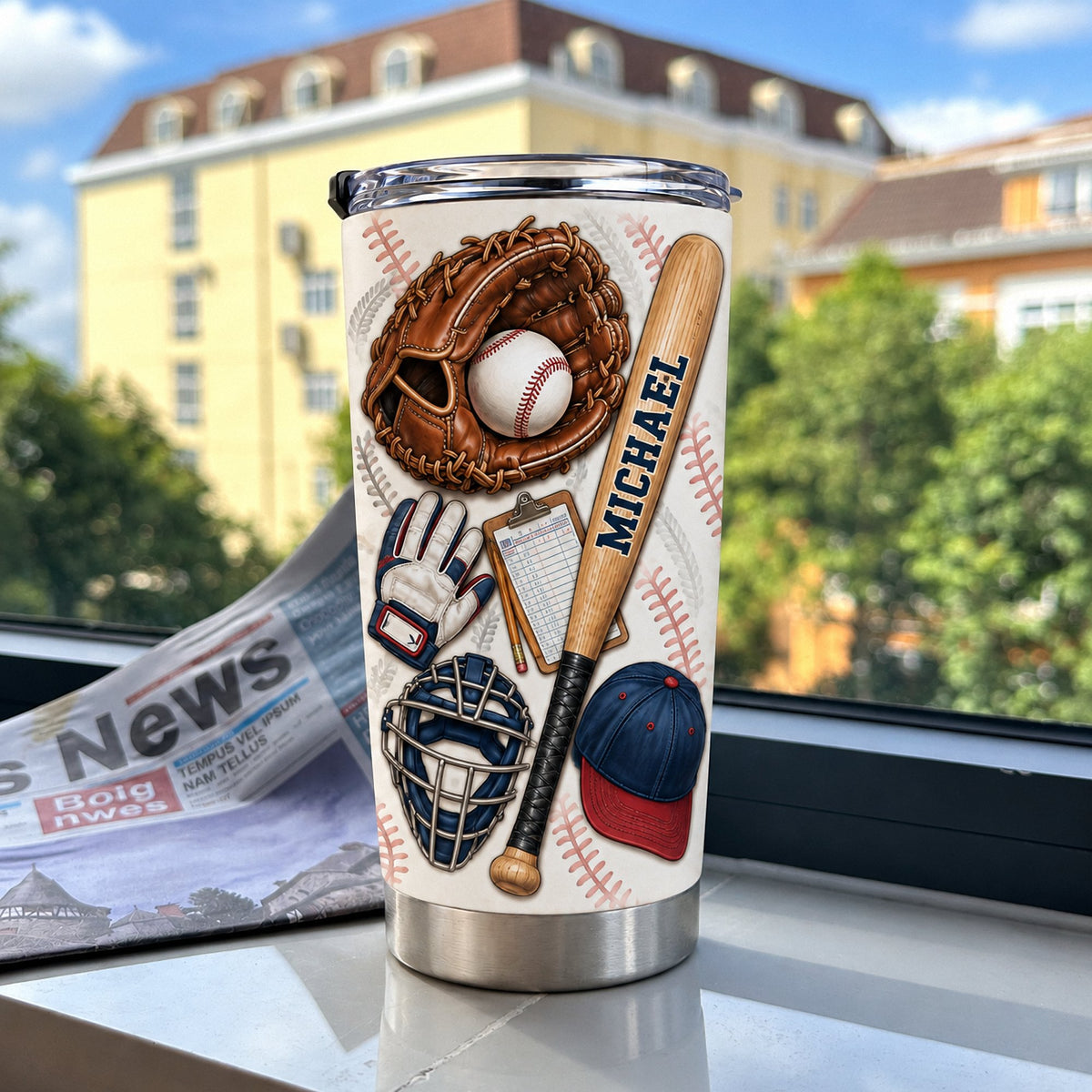 Personalized baseball tumbler next to newspaper on windowsill with urban view