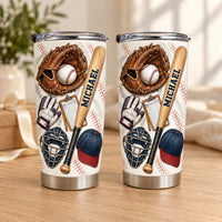 Two stainless steel tumblers featuring a baseball equipment collage and the custom name Michael printed on the bat handle.