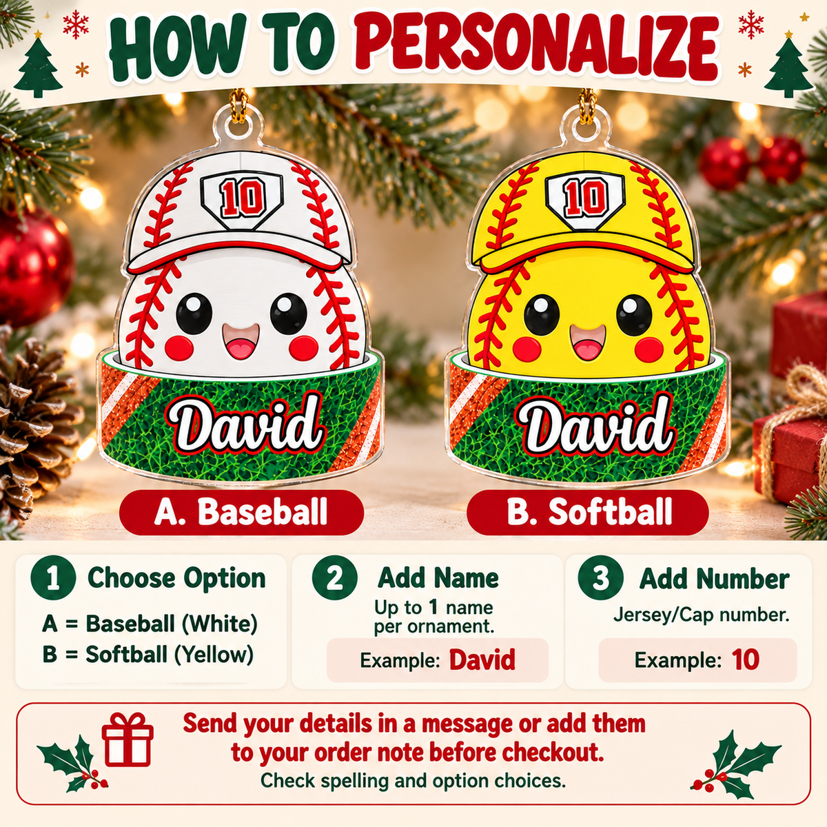 Baseball Softball Ornament - personalization instructions