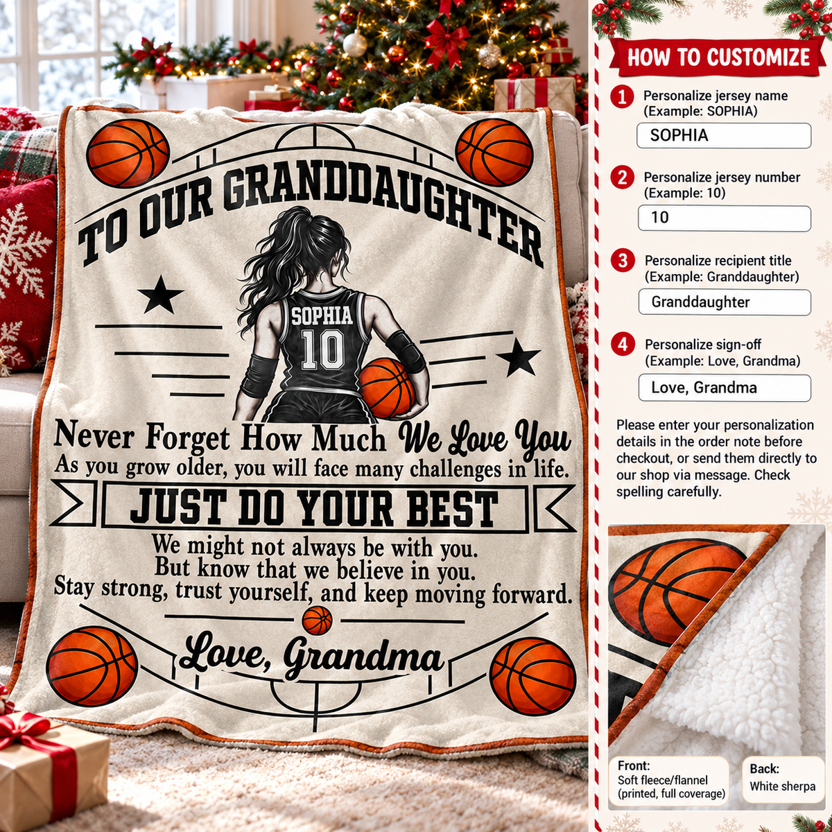 Personalized Basketball Granddaughter Blanket Custom Name Jersey Number Gift — personalization and size guide