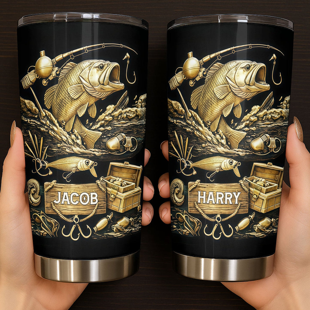 Bass Fishing Tumbler Custom Name Personalized Stainless Steel Skinny Cup, Gold Bass Angler Gift for  on a hanger, ready to ship from Austin, Texas