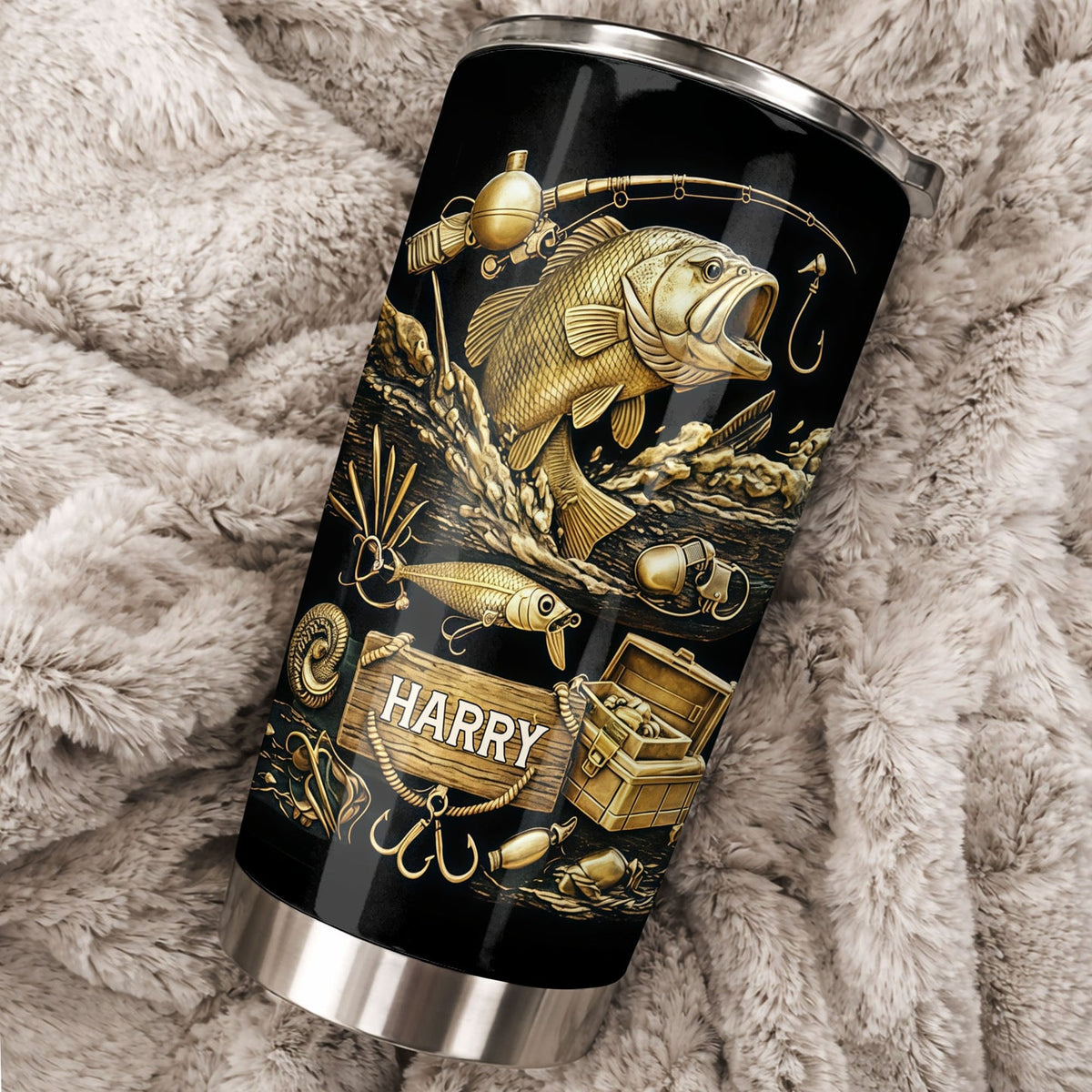Customer in Austin, Texas wearing Bass Fishing Tumbler Custom Name Personalized Stainless Steel Skinny Cup, Gold Bass Angler Gift for 