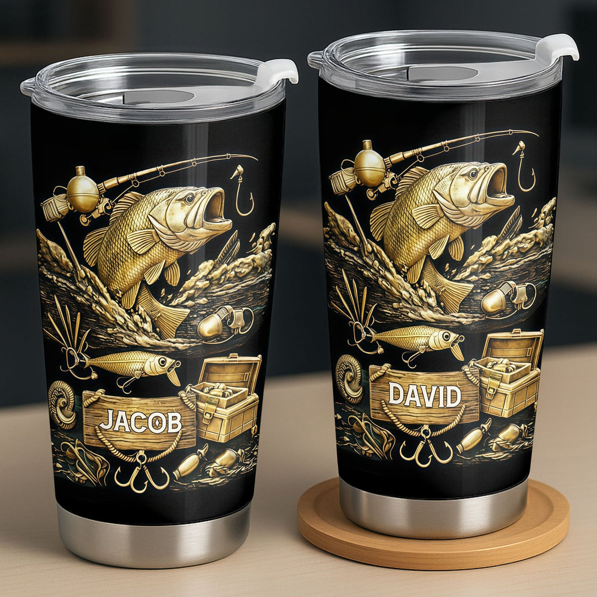 Close-up of Bass Fishing Tumbler Custom Name Personalized Stainless Steel Skinny Cup, Gold Bass Angler Gift for  for streetwear fans in Austin, Texas