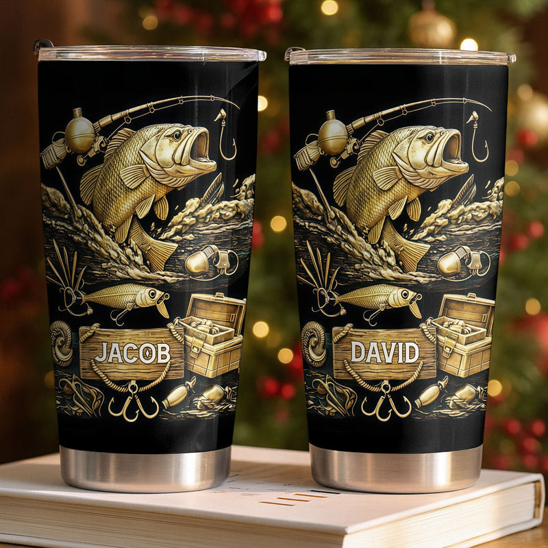 Customer in Austin, Texas wearing Bass Fishing Tumbler Custom Name Personalized Stainless Steel Skinny Cup, Gold Bass Angler Gift for 