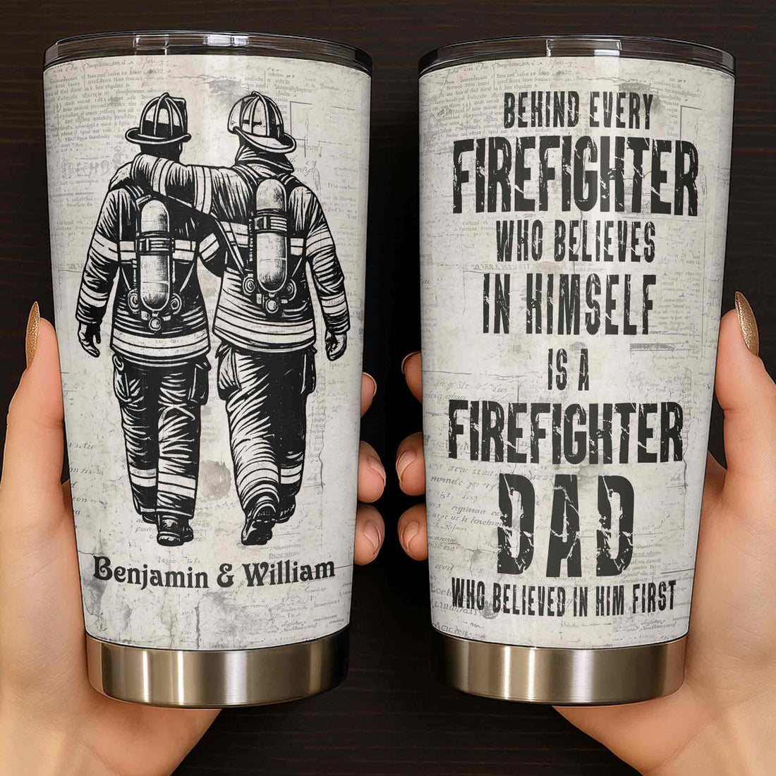 Customer in Austin, Texas wearing Behind Every Firefighter Is A Firefighter Dad Tumbler, Personalized First Responder Dad Gift