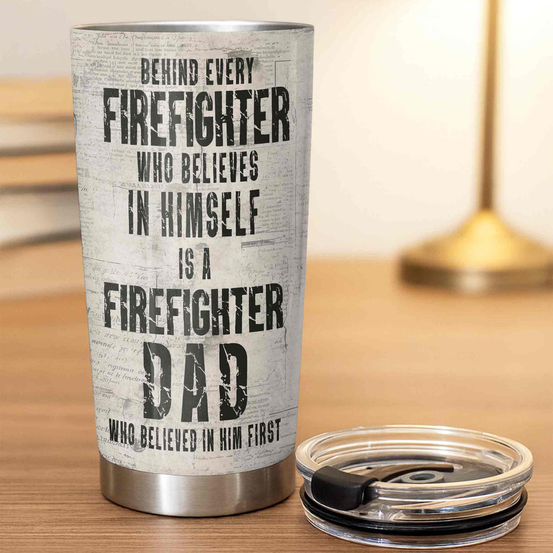 Close-up of Behind Every Firefighter Is A Firefighter Dad Tumbler, Personalized First Responder Dad Gift for streetwear fans in Austin, Texas