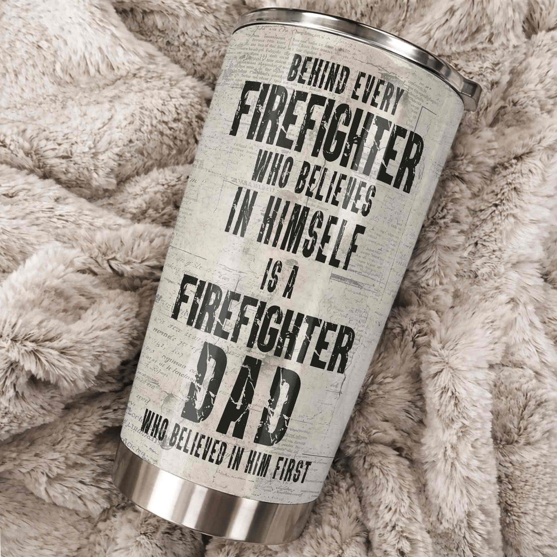 Close-up of Behind Every Firefighter Is A Firefighter Dad Tumbler, Personalized First Responder Dad Gift for streetwear fans in Austin, Texas