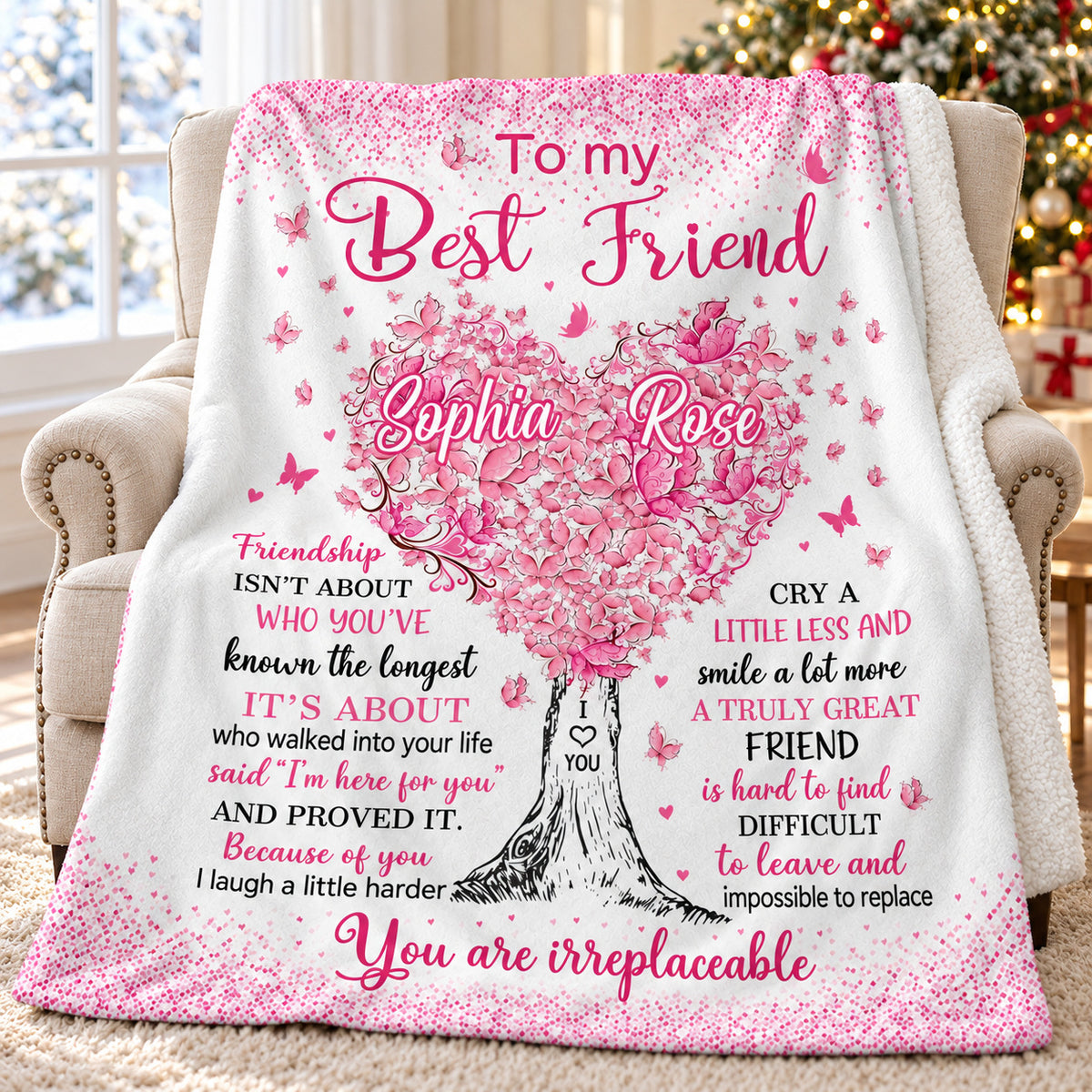 Personalized Best Friend Pink Heart Tree Blanket Custom Two Names - main product view