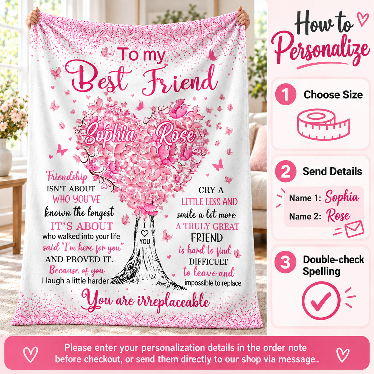 Personalized Best Friend Pink Heart Tree Blanket Custom Two Names - personalization options and ordering guide
