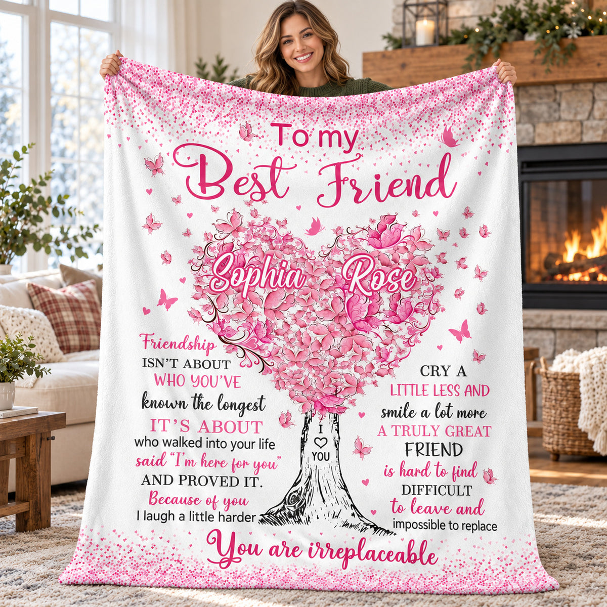 Personalized Best Friend Pink Heart Tree Blanket Custom Two Names - product view 3