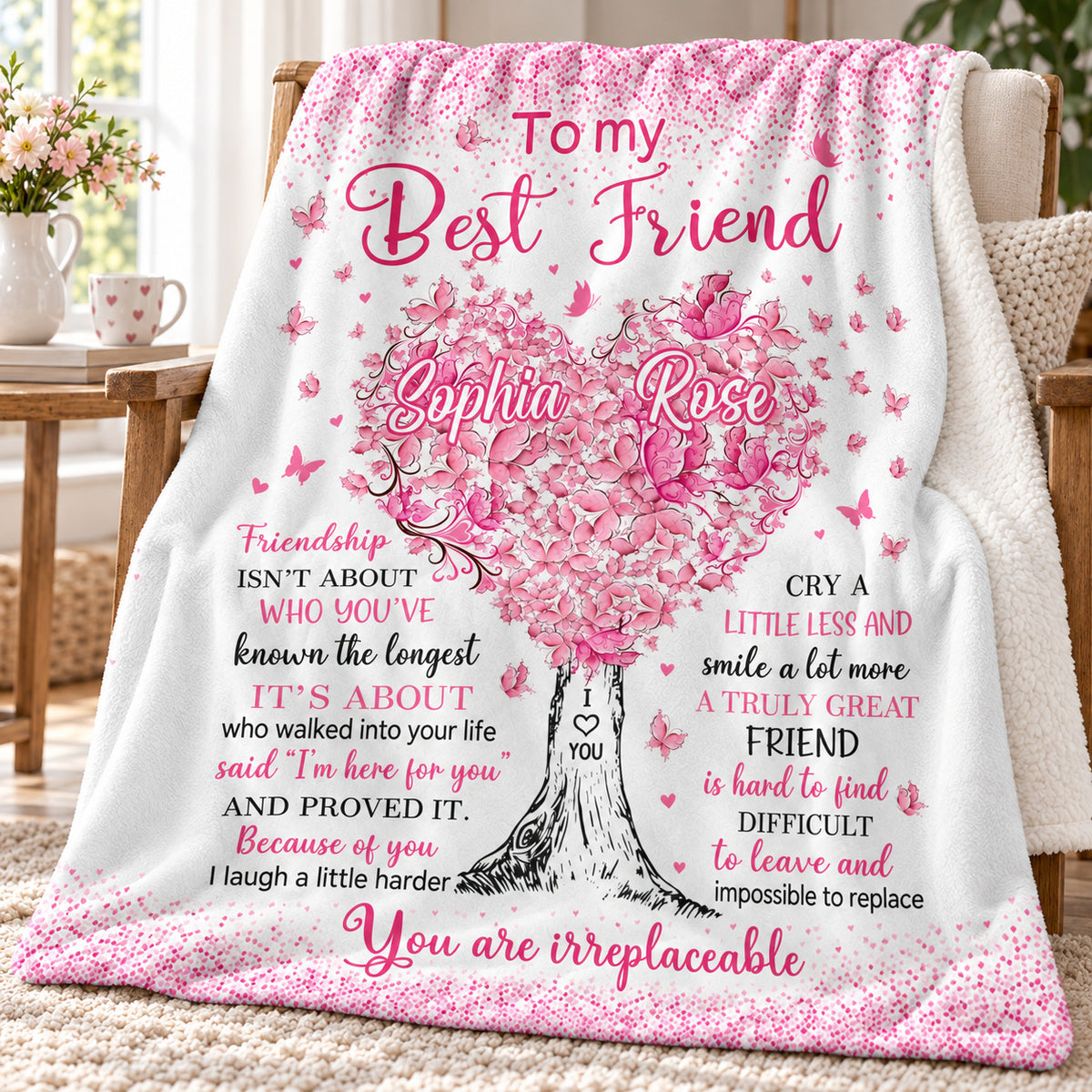 Personalized Best Friend Pink Heart Tree Blanket Custom Two Names - product view 4