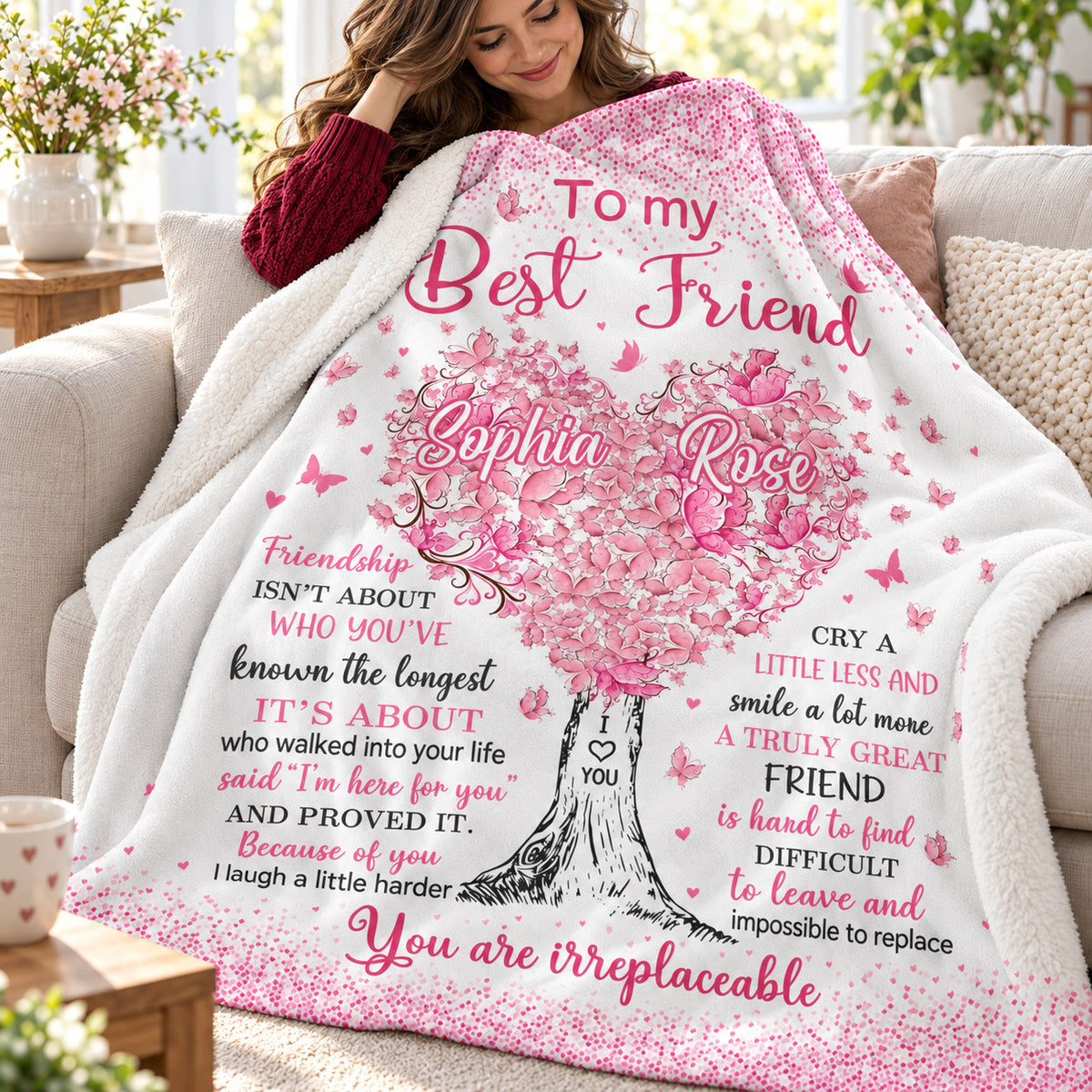 Personalized Best Friend Pink Heart Tree Blanket Custom Two Names - product view 7