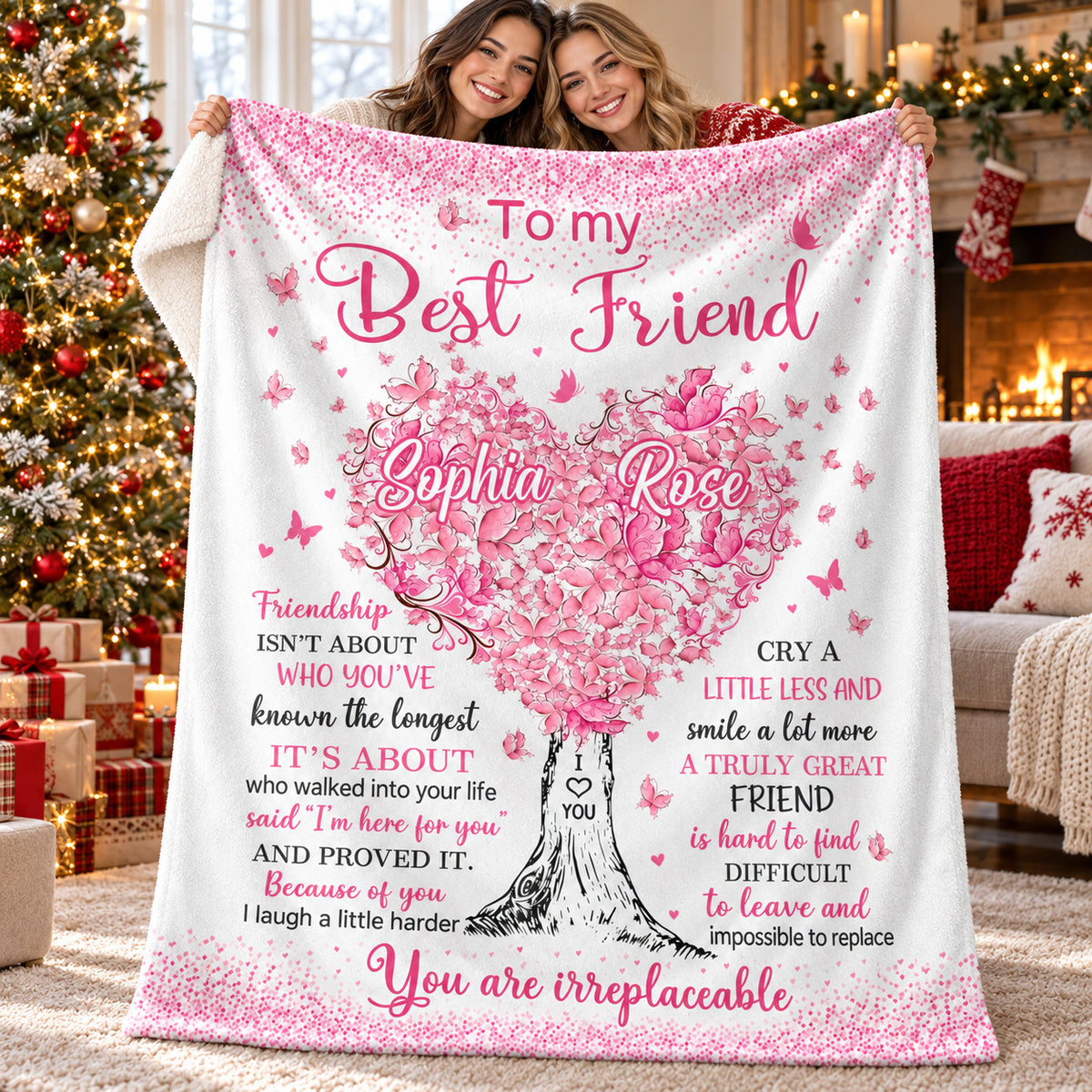 Personalized Best Friend Pink Heart Tree Blanket Custom Two Names - product view 8