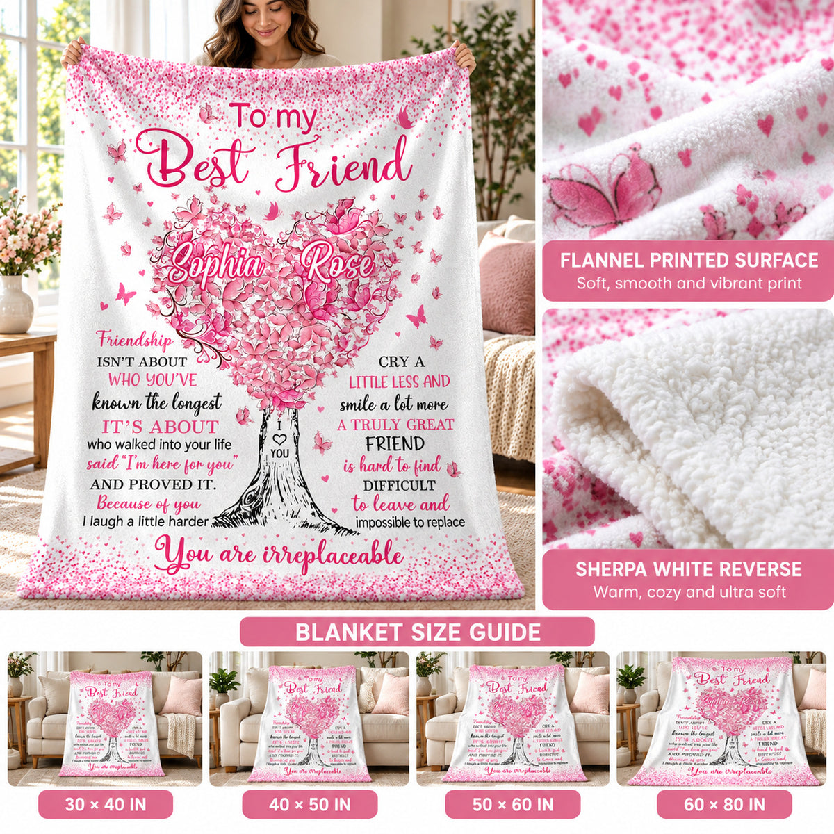 Personalized Best Friend Pink Heart Tree Blanket Custom Two Names - size and material guide