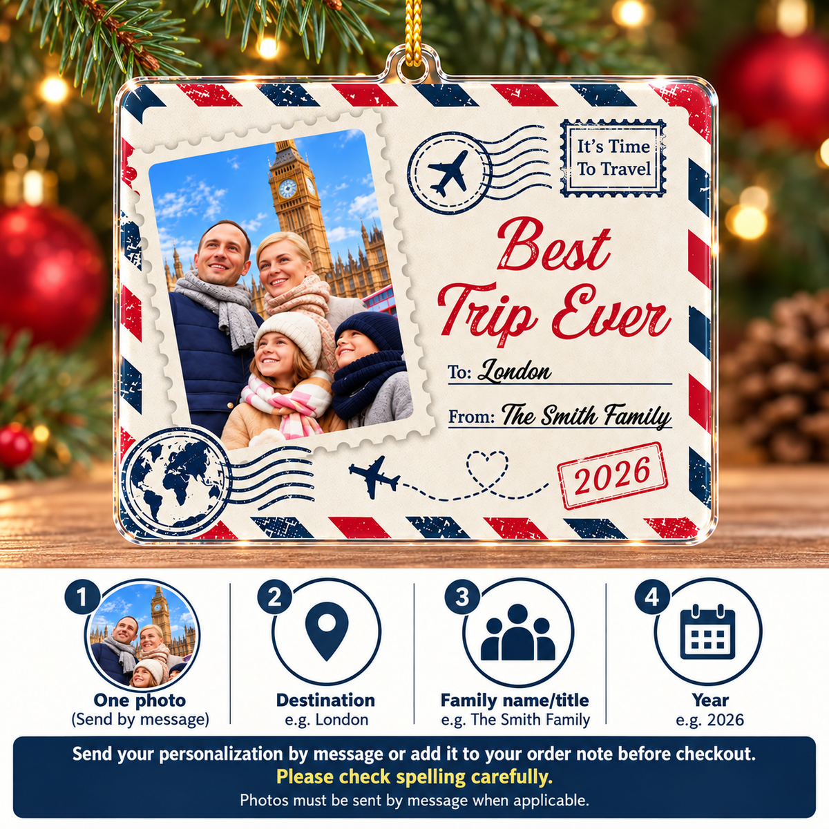 Personalized Best Trip Ever Photo Ornament Family Travel Christmas Gift - personalization options and ordering guide