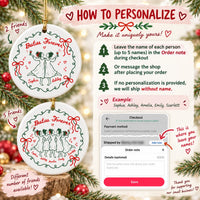 Instruction graphic showing how to personalize the ceramic ornament with up to five names during checkout.