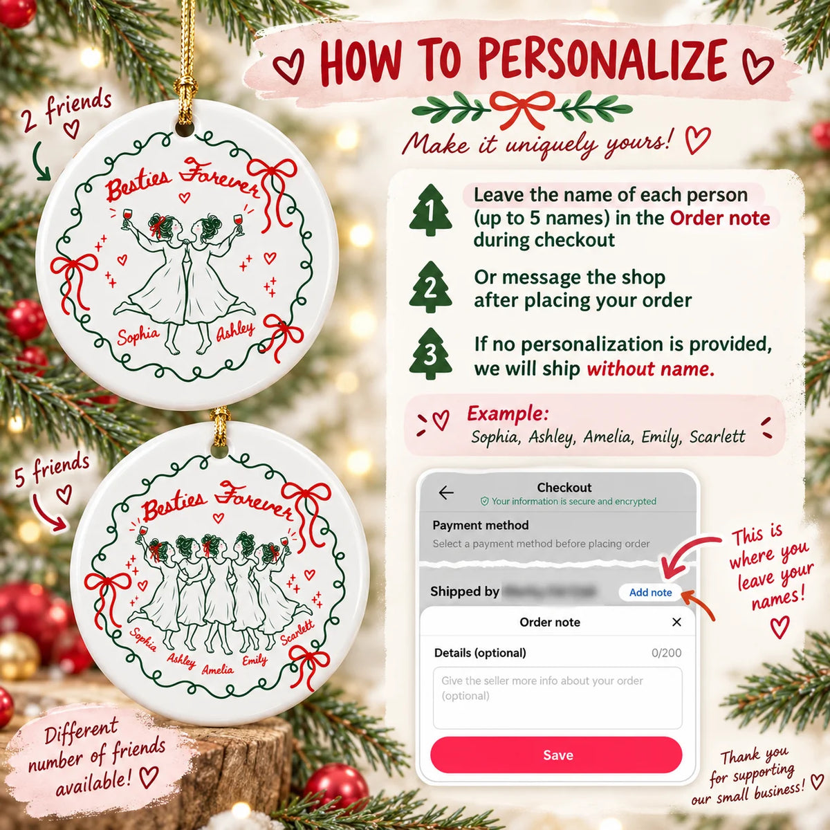Instruction graphic showing how to personalize the ceramic ornament with up to five names during checkout.