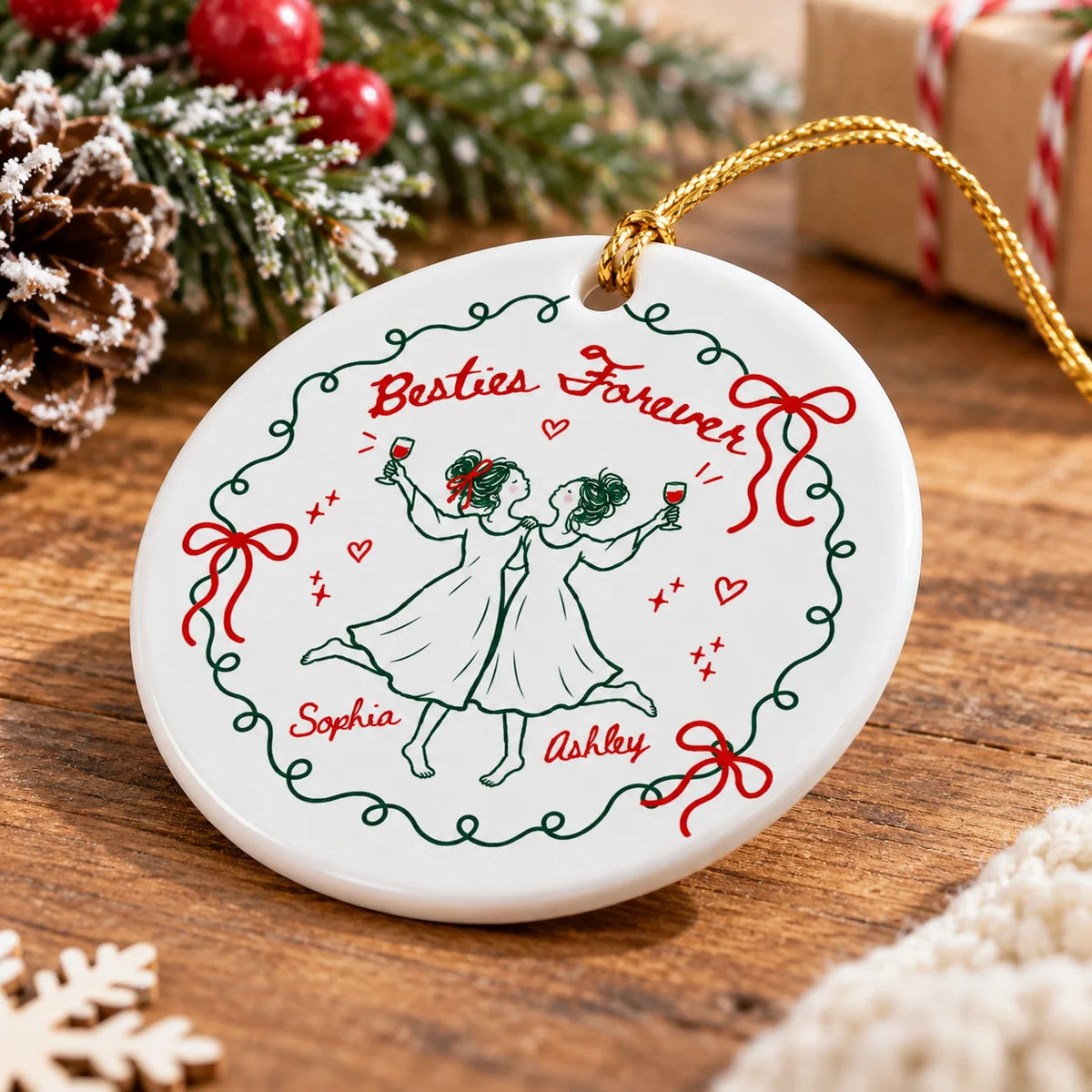 A round ceramic Christmas ornament lying on a wooden surface with Besties Forever text and line-art women toasting wine.