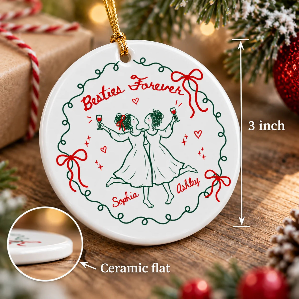 A round ceramic Christmas ornament with a 3-inch dimension indicator and inset showing the flat white ceramic profile.