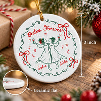 A round ceramic Christmas ornament with a 3-inch dimension indicator and inset showing the flat white ceramic profile.