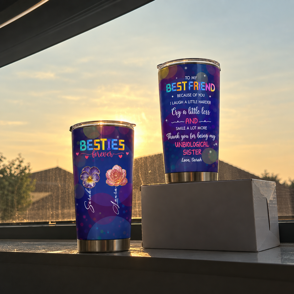 Two custom name insulated tumblers on a windowsill at sunset with soft warm light glowing behind buildings
