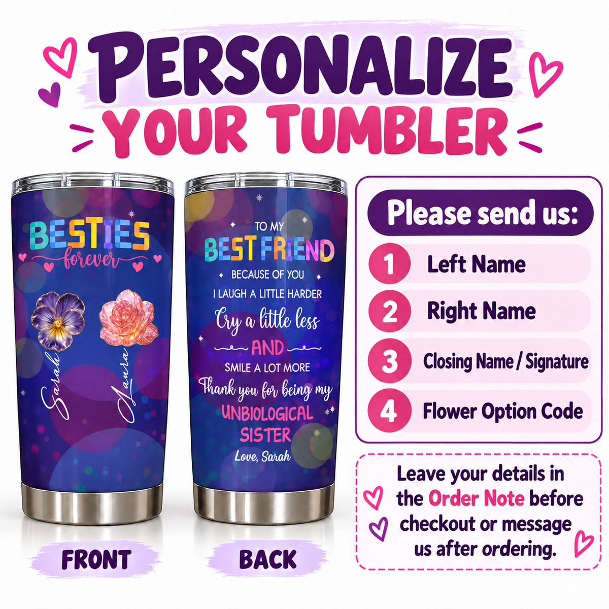 Two insulated tumblers with purple galaxy prints showing front and back designs with custom names, flowers, and friendship