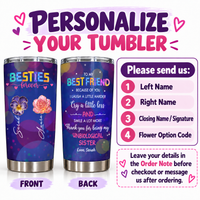 Two insulated tumblers with purple galaxy prints showing front and back designs with custom names, flowers, and friendship