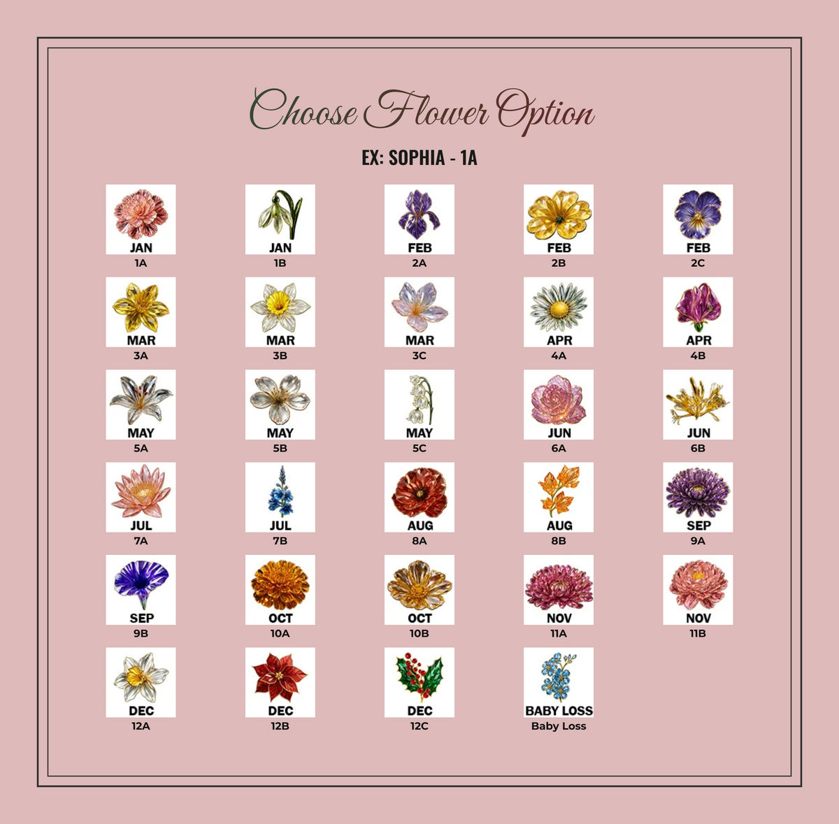 Personalization chart showing various birth month flowers with labels like Jan, Feb, Mar on a pink background
