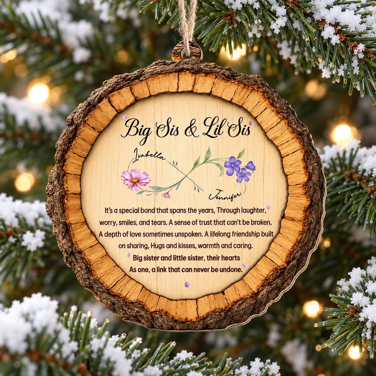 Personalized Big Sis Lil Sis Birth Flower Wood Ornament Sister Gift - main design