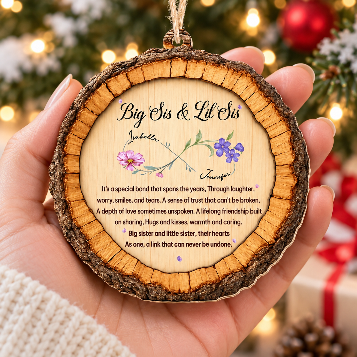 Personalized Big Sis Lil Sis Birth Flower Wood Ornament Sister Gift - product view 2