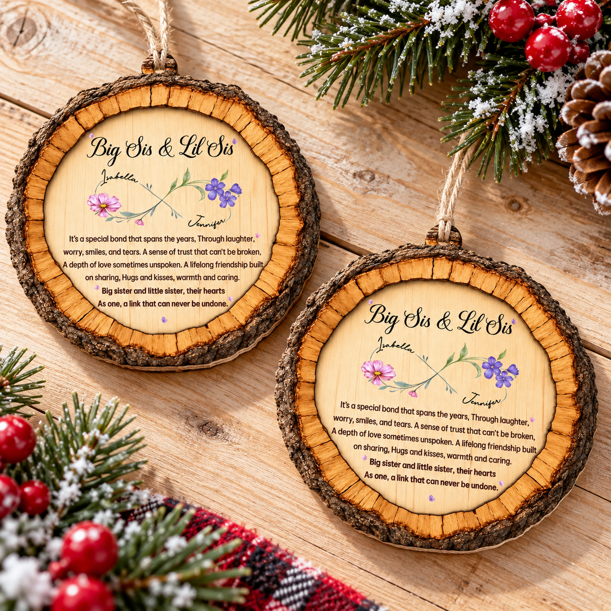 Personalized Big Sis Lil Sis Birth Flower Wood Ornament Sister Gift - product view 3