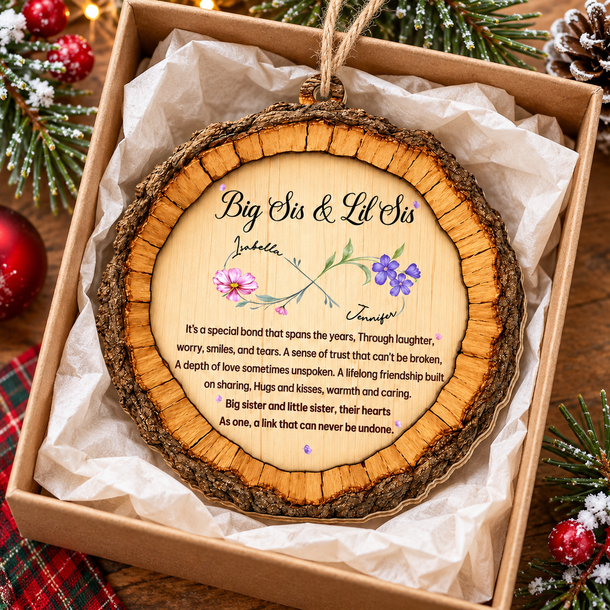 Personalized Big Sis Lil Sis Birth Flower Wood Ornament Sister Gift - product view 4