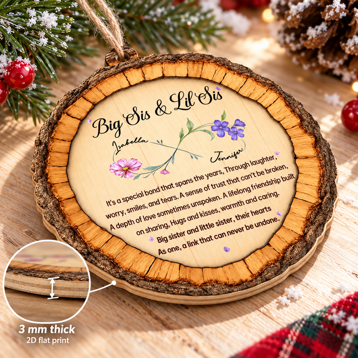 Personalized Big Sis Lil Sis Birth Flower Wood Ornament Sister Gift - product view 7