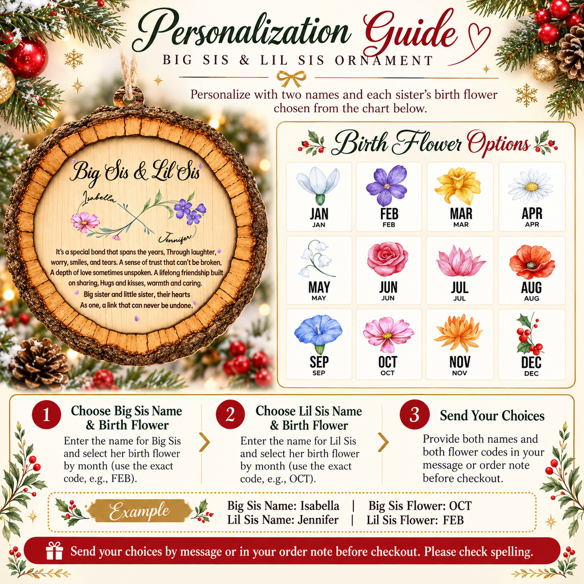 Personalized Big Sis Lil Sis Birth Flower Wood Ornament Sister Gift - personalization options and ordering guide