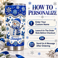 Instruction graphic on how to personalize blue glitter snowman tumbler.