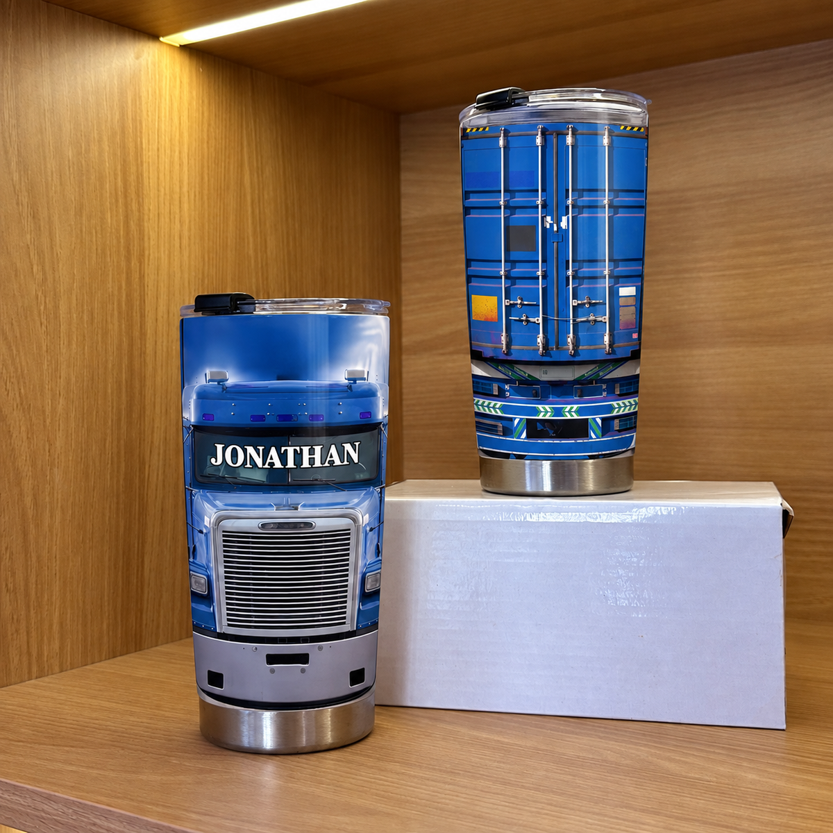 Blue Semi-Truck Tumbler Personalized Big Rig Driver Gift Stainless Steel Insulated Travel Mug on a hanger, ready to ship from Austin, Texas