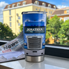 Close-up of Blue Semi-Truck Tumbler Personalized Big Rig Driver Gift Stainless Steel Insulated Travel Mug for streetwear fans in Austin, Texas
