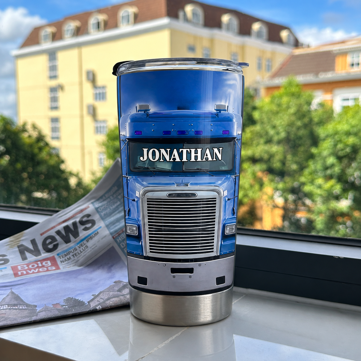Close-up of Blue Semi-Truck Tumbler Personalized Big Rig Driver Gift Stainless Steel Insulated Travel Mug for streetwear fans in Austin, Texas