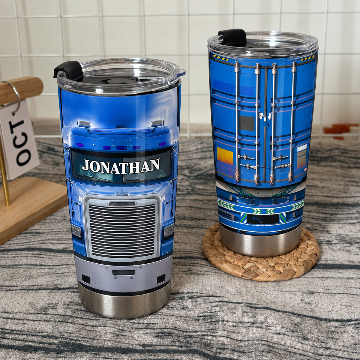 Blue Semi-Truck Tumbler Personalized Big Rig Driver Gift Stainless Steel Insulated Travel Mug available at our Austin, Texas warehouse