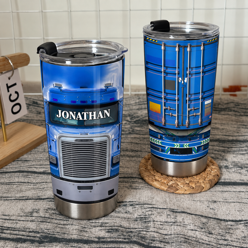 Blue Semi-Truck Tumbler Personalized Big Rig Driver Gift Stainless Steel Insulated Travel Mug available at our Austin, Texas warehouse