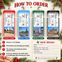 Instructional guide showing how to order a personalized travel keepsake ornament with four design options.