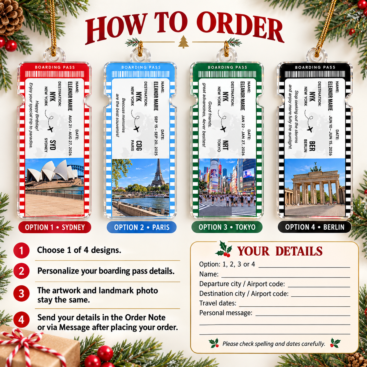 Instructional guide showing how to order a personalized travel keepsake ornament with four design options.