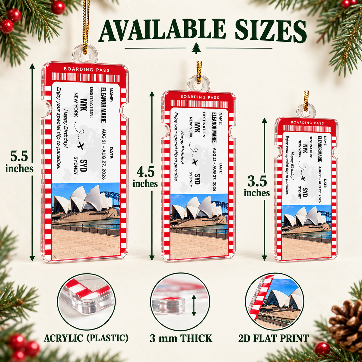 Infographic showing available sizes, dimensions, and flat 2D print details of the vacation keepsake ornament.