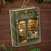 Customer in Austin, Texas wearing Bookshop Ornament, Personalized Book Lover Christmas Ornament, Custom Name Miniature Bookstore Gift 