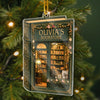 Customer in Austin, Texas wearing Bookshop Ornament, Personalized Book Lover Christmas Ornament, Custom Name Miniature Bookstore Gift 
